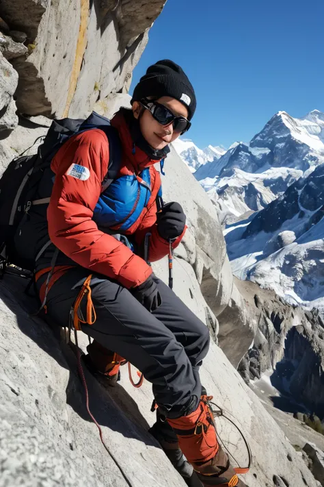 Himalayan climbing、 ◦ Equipment: cold weather clothing、gloves、hat、sunglasses、goggles。 ◦ Hiking boots、Crampons、Helmet、Supporter、“I am climbing the north face.”