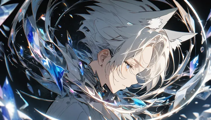 1boy, facial profile, 8k, a white wolf ear boy, crystals floating in a circle