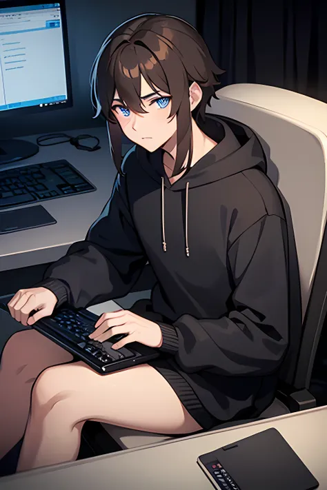 Brown haired anime guy, with black headphones, dark blue eyes and fair skin, with a black sweatshirt sitting at the computer and typing something, with black headphones