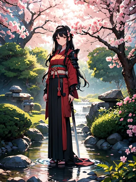 A stunning artwork of an honorable female samurai standing in a serene Japanese garden. The full-body view showcases her in traditional red and black armor, exuding an aura of disciplined strength and noble honor. Her long, flowing black hair frames a face...