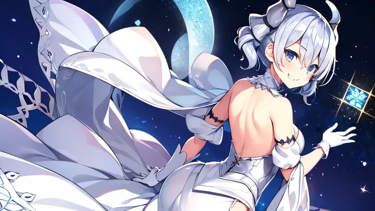 (loli:1.2), 1 girl, silver short hair, silvery horns,  white dress, white cape, bulging sleeves, white gloves, white stockings, ...