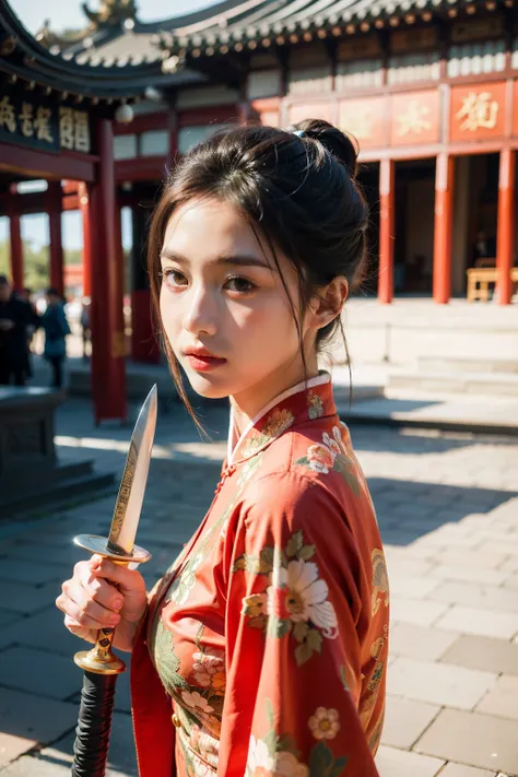 ((best quality)), ((masterpiece)), (detailed), Perfect face,A girl,Chinese-style clothes,whole body，Ancient building background,Someone is accompanying you,Holding a long sword