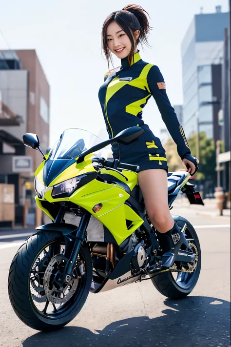 Glowing Korean beauty with cybernetic arm,(Transparent and revealing clothing:1.3, ),(Cyber Girl is、Ride through a futuristic city on a colorful, custom-painted green Kawasaki Ninja motorcycle:1.3),mini skirtを履いてバイクに跨り白いパンティが見えてます、kawasaki ninja250、Showing...