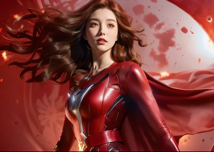 a close up of a woman in a red leather outfit with a cape, scarlet witch marvel, jean grey, scarlet witch, wanda maximoff, scarlet witch costume, park shin hye as a super villain, portrait of jean grey, a dark phoenix, full body portrait of jean grey, eliz...