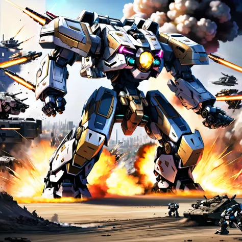 A massive mech battle, two heavily armed and armored war mechs of contrasting color schemes engaged in close-quarters combat, firing powerful energy weapons and missiles, dramatic explosions and destruction in the background, cinematic lighting, epic scale...