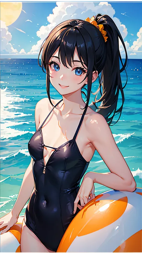 highest quality、Realistic、Women、zoom、summer、Sea of night、cute、Full make-up、Blue Eyes、black hair、ponytail、Orange separate swimsuit、smile、Looking down、smile、Bust Shot、　Small breasts