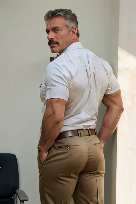 age 60, white man police detective with a mature, backside, kind demeanor, strong and muscular yet chubby build, mustache, weari...