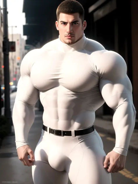 Super muscular man with open mouth moaning,  Buzz Cut，On the old-style outdoor street under the hot sun, Wear a long-sleeved cream-colored turtleneck tights, Thickened warm elastic texture，Clothes are very dirty with mud stains，The expression is arrogant, ...