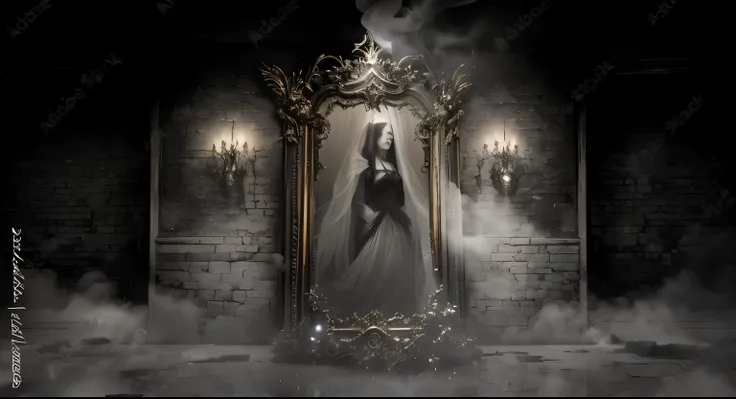 there is a mirror in the middle of a room with smoke coming out of it, scary magic background, gothic background, fundo assombrado, spooky creepy liminal space, Ghostly Atmosphere, fantasia sombria surreal, fundo do espelho, cena surreal, fundo assustador,...