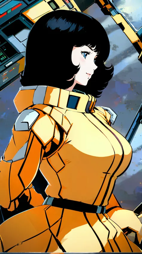 Mobile suit cockpit、Upper Body、profile、Black Hair、Pilot Suit、smile、Girl、Large Breasts、