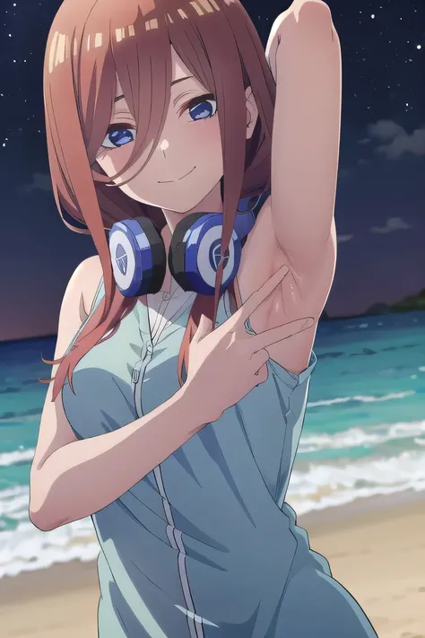 miku nakano, solo, 1girl, looking at viewer, 2D, anime, anime coloring, cardigan, headphones around neck, solo, night sky, beach, arms behind head, contrapposto, closed mouth, upper body, looking at viewer, smile, spread armpits,
