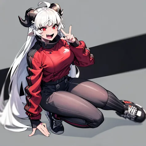 malina(helltaker), large breasts, pants, teeth, black horns, white hair, grey background, black footwear, jacket, short hair, sq...