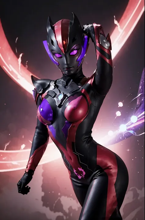 Ultraman Woman. （high quality）（luster）（(Black Face and red eyeline)）（Black and purple thema color）women only. The whole body is covered with a black bodysuit. Spike decoration. Pink lines all over the body. Heart tattoo . purple coloreye. pink glow crystal...