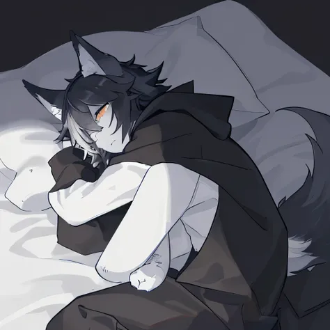 1 boy，furry art，kemono，((masterpiece)), (best quality), (simple style), black and white style，dark，dim moonlight，wolf boy，sleep，...