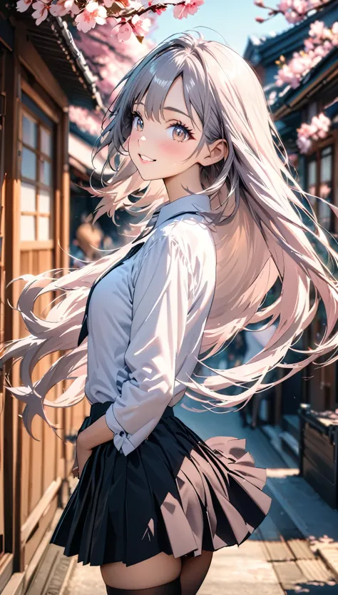 ((best quality)), ((masterpiece)), (detailed), (High contrast natural side daylight, Dynamic lighting, movie lighting), side view, look back, Anime style, Cute Japanese girl, looking at the audience, Smooth and fair skin, Exaggerated super long hair, Black...