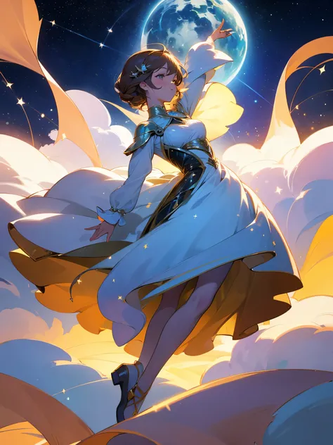 A girl in a luminous dress made of constellations dances in the clouds above the earth, The sun in the clouds, Magic