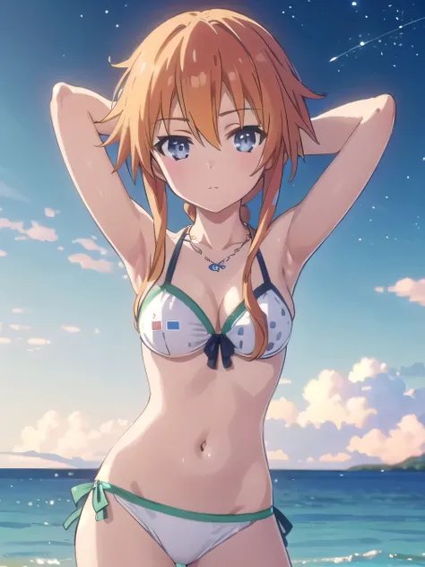 (((pixel-perfect, detail-perfect))), solo, 1girl, yuzuru yamai, white bikini, necklace, green panty, looking at viewer, closed mouth, night sky, beach, {contrapposto}, expressionless, spread armpits, (cowboy shot:1.5), arms behind head, best quality,