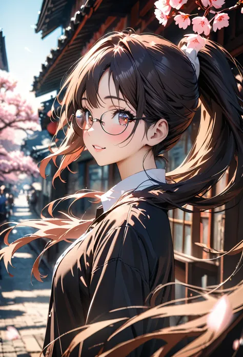 ((best quality)), ((masterpiece)), (detailed), (High contrast natural side daylight, Dynamic lighting, movie lighting), Anime style, Cute Japanese girl, side view, look back, looking at the audience, Smooth and fair skin, Exaggerated super long hair, Black...