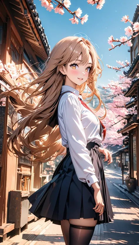 ((best quality)), ((masterpiece)), (detailed), (High contrast natural side daylight, Dynamic lighting, movie lighting), side view, look back, Anime style, Cute Japanese girl, looking at the audience, Smooth and fair skin, Exaggerated super long hair, Black...