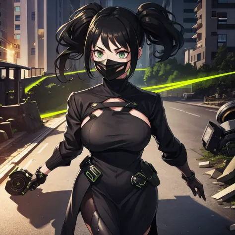 a woman wearing a futuristic black mask with green details, wearing a black dress with green details, black steel boots, black steel bracelet, green eyes, black hair, pigtails, big breasts, walking on the sidewalk of a city ruin all destroyed, with explosi...