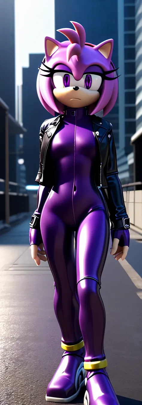 Solo, 1girl, full body image, rendered in SFM, ((sonic oc:1)), from sonic, high detail iconic character, in the new action-movie sonic, ghost in the shell city, official render, 3d render official art, toon shader, ((female)), (((purple hedgehog:1))), ((sh...