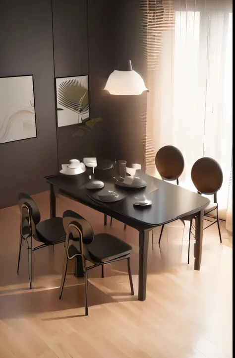 there is a black table with four chairs and a black table with a black table top, highly PhotographyRendering, PhotographyRendering, Product introduction photos, Product Rendering, center focus on table, Product Image, tabletop, Photo Rendering, table, tab...