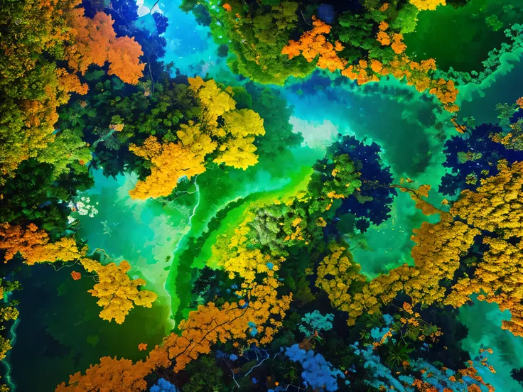 a fantasy jungle painted in a kaleidoscope of colors. From your birds-eye perspective, describe the lush expanse below, where emerald green treetops mingle with sapphire-blue rivers, and fiery orange blossoms burst forth like flames amidst the jade foliage...