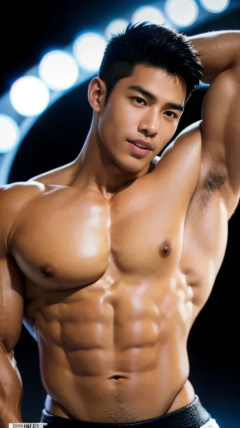 ((no watermark)), ((best quality)), ((masterpiece)), (detailed), 8K, HD, masculine, extremely handsome filipino man, (muscular bodybuilder), sharp facial features, laughing, sways hips, nude, breast grab, sexy dancing on led floor stage, rave party in a da...