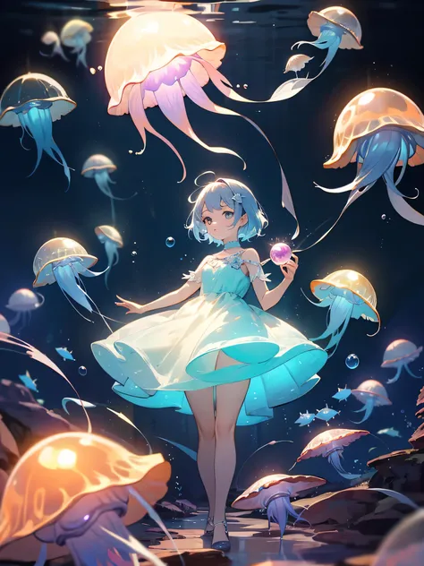 Underwater mysterious world, Magic world, glowing little jellyfish, Small fish, a girl in a transparent dress holds a glowing ball of a pearl in her hands, many small bubbles