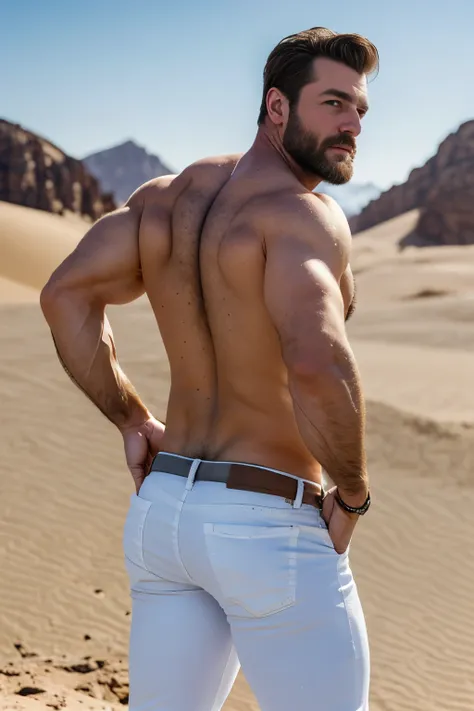 mature man, very handsome, best quality, adventurer, white jeans, hairy chest , masterpiece, super high resolution, detailed bac...