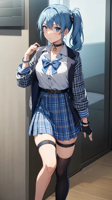 1GIRL, SOLO, SIDE PONYTAIL, HOSHIMACHI SUISEI, FINGERLESS GLOVES, SINGLE THIGHHIGH, JEWELRY, THIGH STRAP, BRACELET, BUTTONS, PLAID DRESS, BLUE CHOKER, BLUE BELT, PLAID SKIRT, MINI CROWN, GREY SKIRT, BLUE ASCOT, LONG SLEEVES, PLAID JACKET、Skirt lift、Blue Pa...