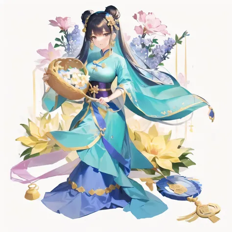 Wearing a blue dress、cartoon girl holding flowers and basket, ancient Chinese Princess, Chinese Princess, palace ， Girl wearing Hanfu, Ancient Asian Dynasty Princess, Inspired by Pu Hua, Queen of the Sea Mu Yanling, Chinese Goddess, Wearing Chinese clothes...