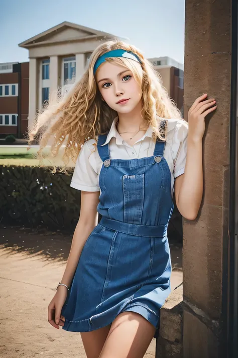 Country girl. Teen. Young adult. Very curly hair. Permed hair. Blonde. Headband. Blue eyes. Sweet. Romantic. High school building. High .
