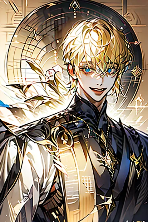 20-year-old male, Gojo Satoru , Larger size clothes , Bangs that cover the eyes , Blonde, Outside flip ,Slanted Eyes , smile , Handsome , Beautiful Face , Looking at this , Eyebrows , Fearless smile