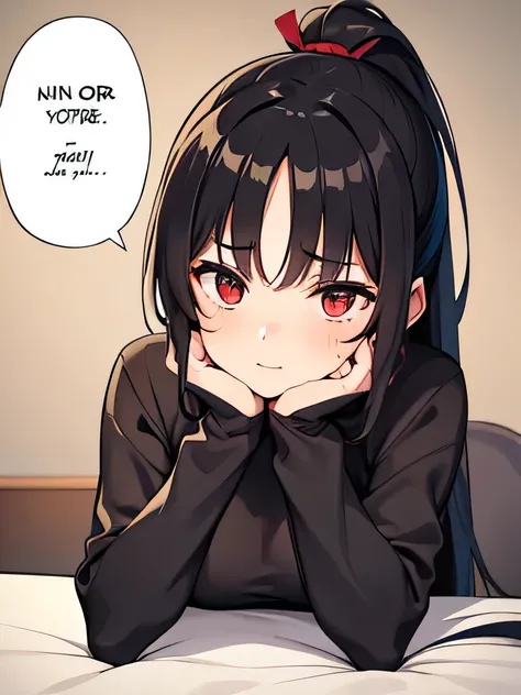  Masterpiece, high quality, one girl, under a duvet, face red and painful, compress on forehead, ponytail with long black hair, muffled in a speech bubble.