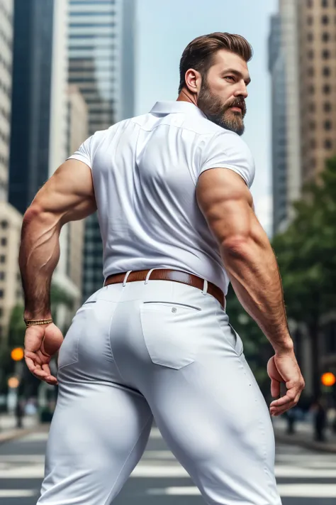 mature man, very handsome, best quality, shirt formal white trousers, hairy chest , masterpiece, super high resolution, detailed...