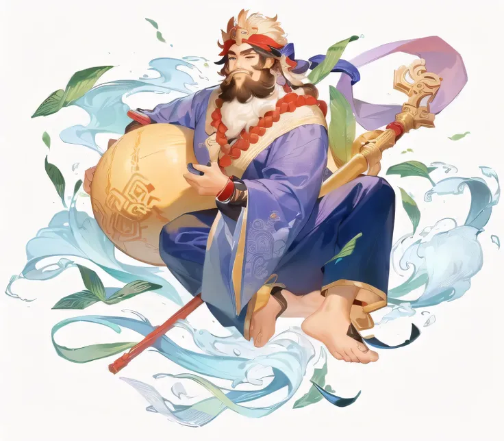 Alafud image of a man with a big beard、Man holding a large gourd, Inspired by Hu Zaobin, Full color illustrations, Sun Wukong, Inspired by Huang Shen, Sun Wukong, Inspired by Pu Hua, Inspired by Gong Xian, Chinese Mythology, guan yu, Inspired by Wu Bin, Le...