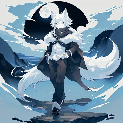 1 boy，furry art，kemono，((masterpiece)), (best quality), (simple style), black and white style，dark，dim moonlight，wolf boy，sleep，...