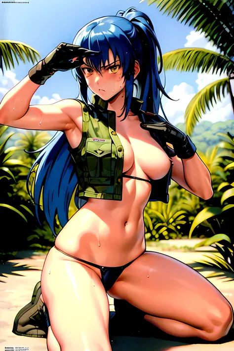 masterpiece, best quality, anime 1990s (style, leona heidern, sexy, naked, thong ,open vest., jungle, tactical, pony tail, serious, cammo, army, soldier, blue hair, warfare, war, wet, gloves, sexy pose, jungle girl, perfect hands, five fingers, long hair, ...