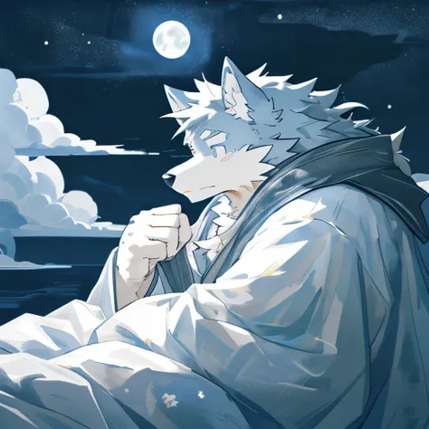 1 boy，furry art，kemono，((masterpiece)), (best quality), (simple style), black and white style，dark，dim moonlight，wolf boy，sleep，...