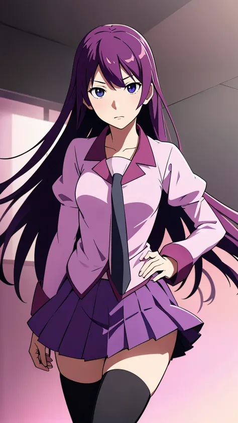 senjougahara hitagi, long hair, long sleeves, necktie, , pleated skirt, juliet sleeves, black thighhighs, pink shirt