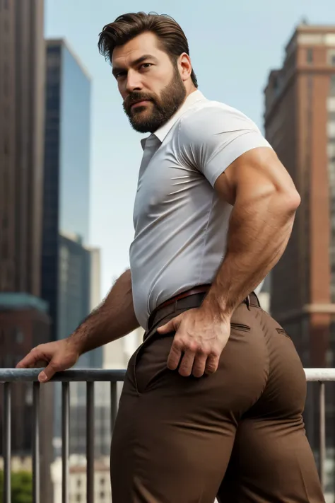 Mature man, very handsome, best quality, shirt formal brown trousers, hairy chest , masterpiece, super high resolution, detailed background, reality, , single, 1 boy, muscle man, beard, in the city, muscle, facial hair, volumetric lighting, depth of field,...