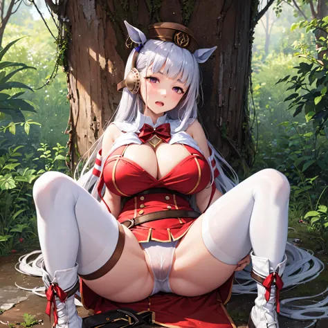 (masterpiece, highest quality:1.2), alone, One girl, umpd gold ship, pillbox hat, Red dress,No sleeve, White Pantyhose, boots, Horse tail, blush、Background Nature、(Huge breasts:1.6)、Close your eyes and scream、Spread your legs、Leg spread、See-through underwe...