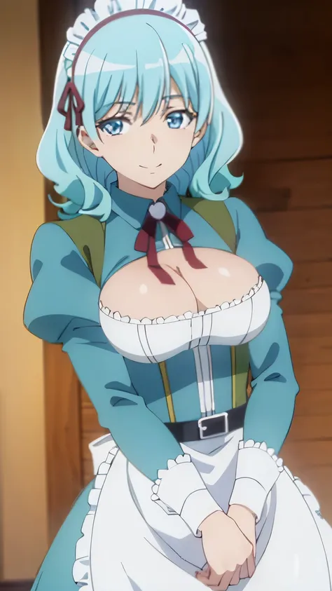 (Top quality, masterpiece, 8k), High resolution, Very detailed, (Anime screencap), Dynamic angle, Professional photo, Sharp details, Lyria, Girl, Light blue hair, Medium hair, Wavy hair, Blue eyes, Shining eyes, Thin eyebrows, Large breasts, Maid headdress...