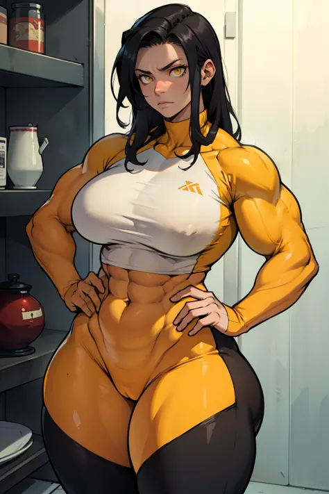 wide hips curvy thick thighs voluptuous large breasts muscular toned body bodybuilder black hair pale skin yellow eyes skintight expressionless sad sad