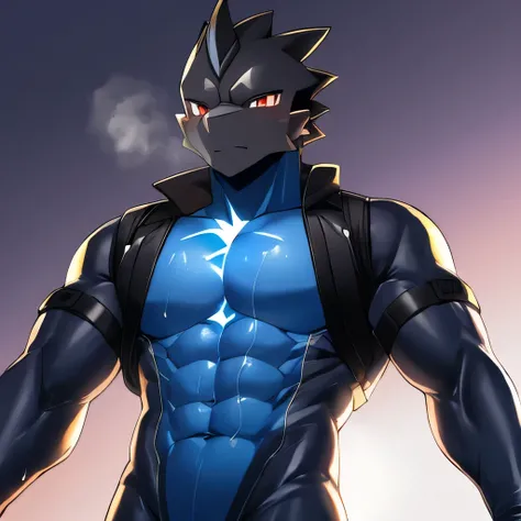 Thin macho　western black dragon　　abs　　　　　Hollow abs　　body suit　　thick arms　　　chest rig　　　、sweaty　　　skin glow　　profile　　Wearily　short of breath　　  　Chemo shota
jacket