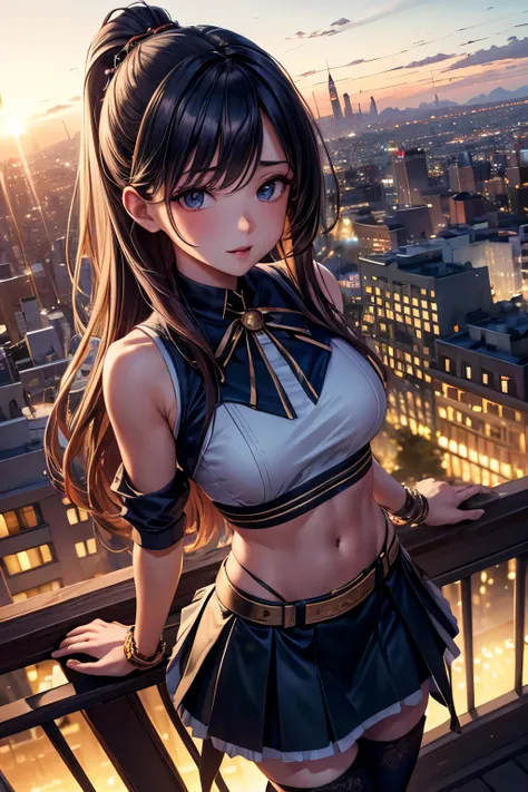 Masterpiace, high quality, ultra detail, woman, crop top, latina, long hair, skirt, stockings, open legs, from above, cinematic lighting, city ligths, river, bokeh, ship, sexy posture