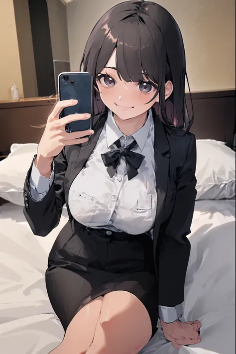 The male lead is、A man in professional attire、Woman with long black hair taking photo with smartphone camera.。 The woman smiled、The photos are interesting, (((Large Breasts))), On hotel bed