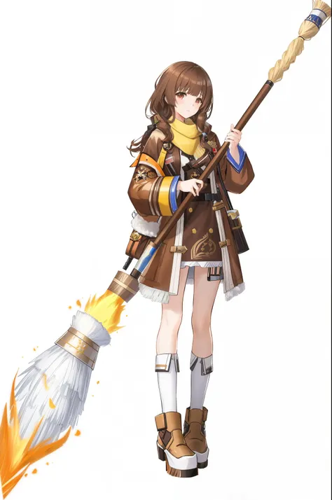 (hair swept bangs:1.3), (brown hair:1.3), a woman in a brown coat holding a broom and a broom, crisp clear rpg portrait, ayaka genshin impact, female protagonist 👀 :8, from girls frontline, cushart krenz key art feminine, fine details. girls frontline, fro...