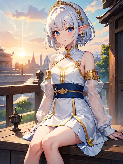 Masterpiece, best quality, high quality, very detailed CG uniform 8k wallpaper, sunlight, shiny hair, shainy eyes, temple, beautiful sky, clouds, 1girl, ten years old girl, elf, cute face, beautiful face, blush, smile, short white hair, blue eyes, white dr...